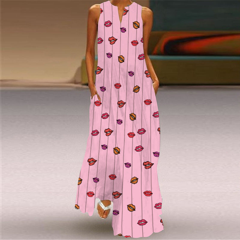 Sleeveless Split Neck Printed Maxi Sundress - Color_21