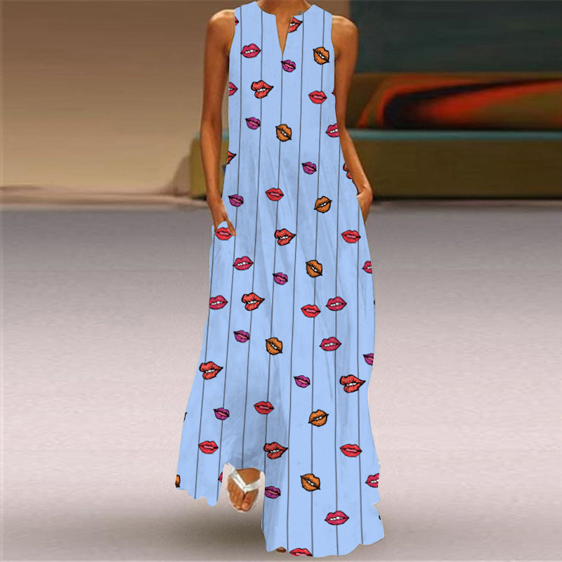 Sleeveless Split Neck Printed Maxi Sundress - Color_22