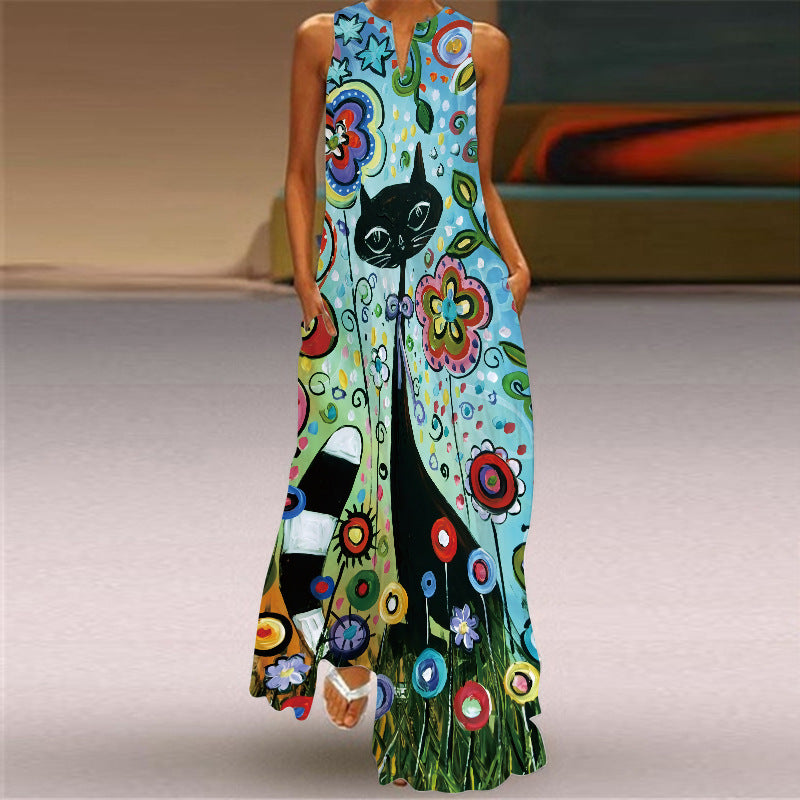 Sleeveless Split Neck Printed Maxi Sundress - Color_28
