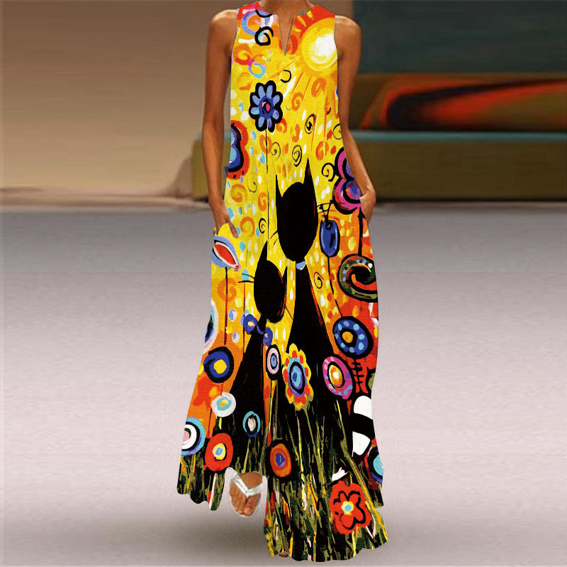 Sleeveless Split Neck Printed Maxi Sundress - Color_29