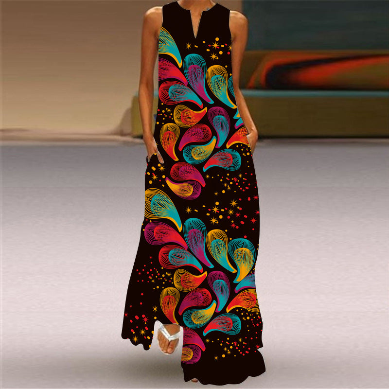 Sleeveless Split Neck Printed Maxi Sundress - Color_31
