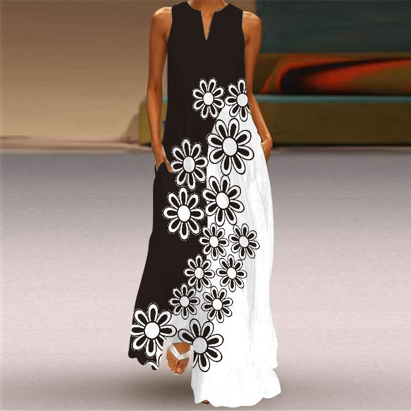 Sleeveless Split Neck Printed Maxi Sundress - Color_32