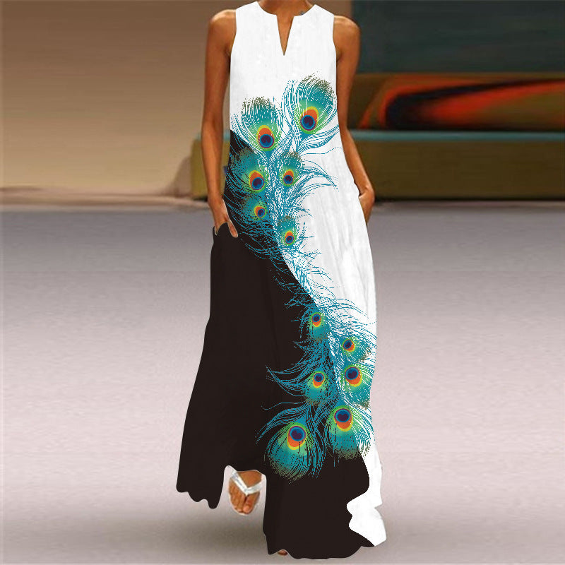 Sleeveless Split Neck Printed Maxi Sundress - Color_33