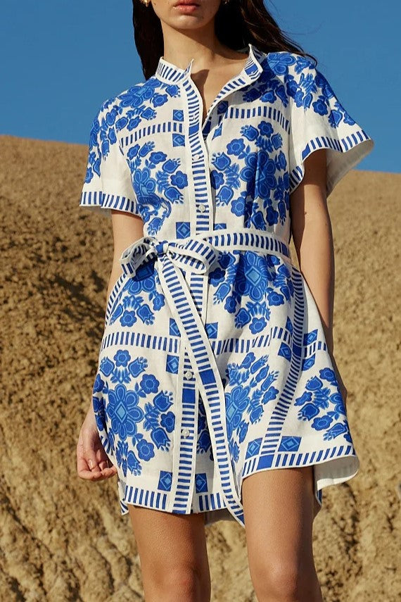 Tile Print Belted Shirt Mini Dress - Blue