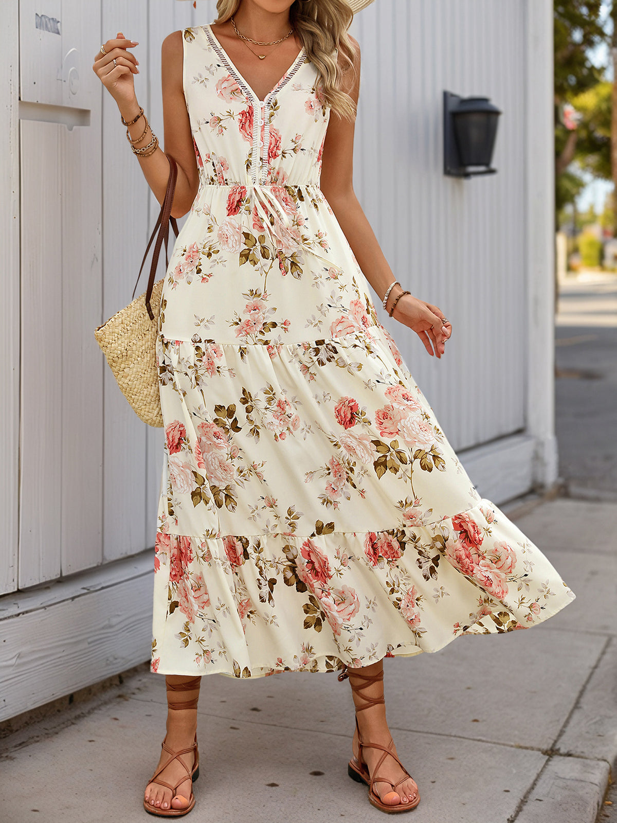 Floral Lace Trim Sleeveless Maxi Dress - White