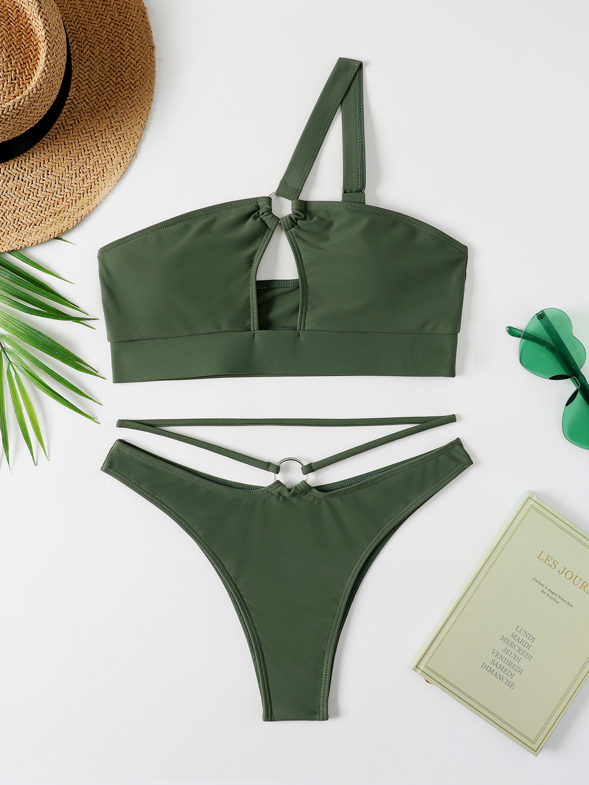 One Shoulder Ring Cutout Bikini Set - Dark green - 1