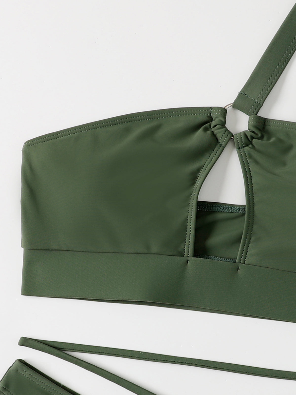One Shoulder Ring Cutout Bikini Set - Dark green - 2