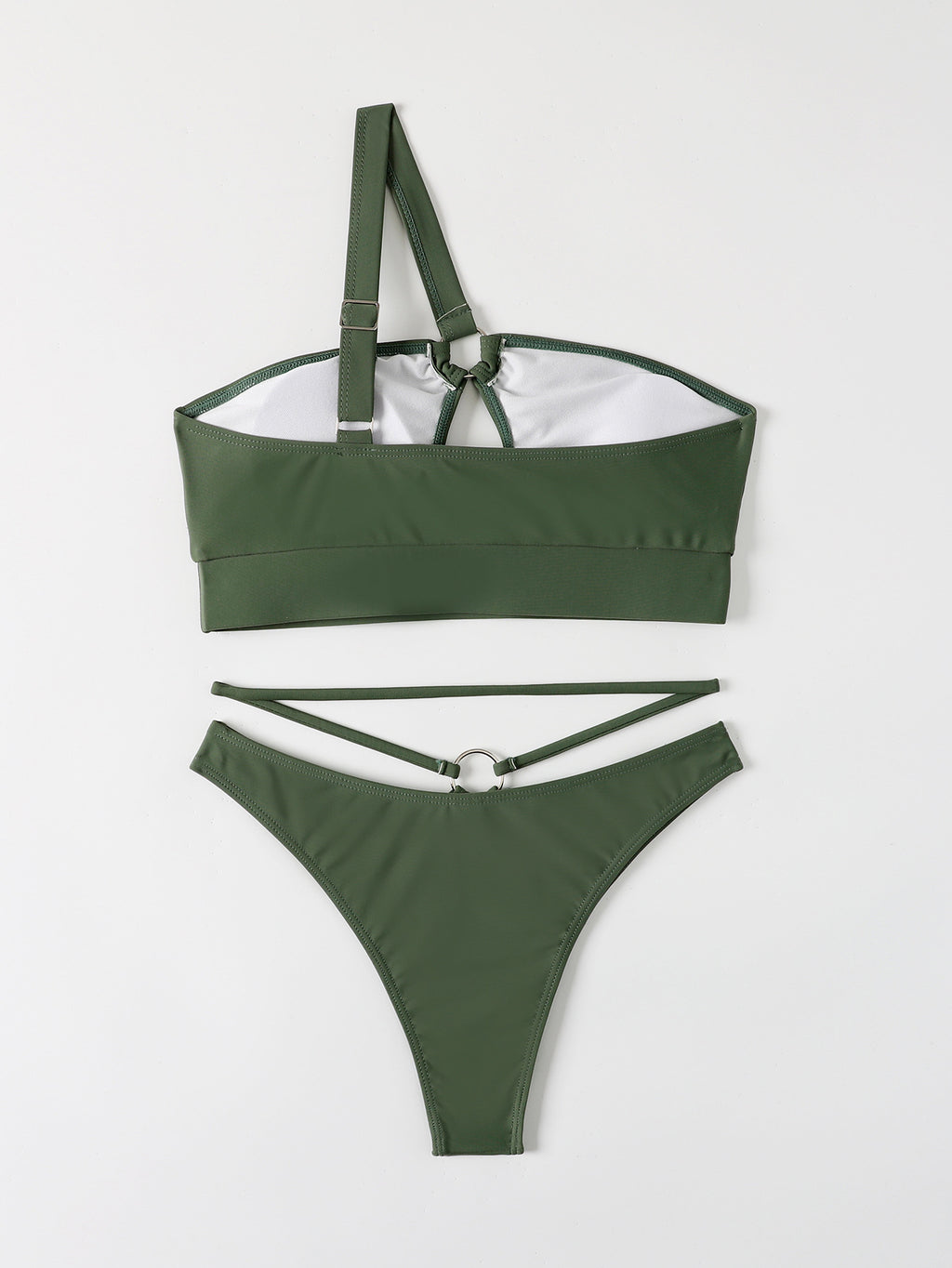 One Shoulder Ring Cutout Bikini Set - Dark green - 3