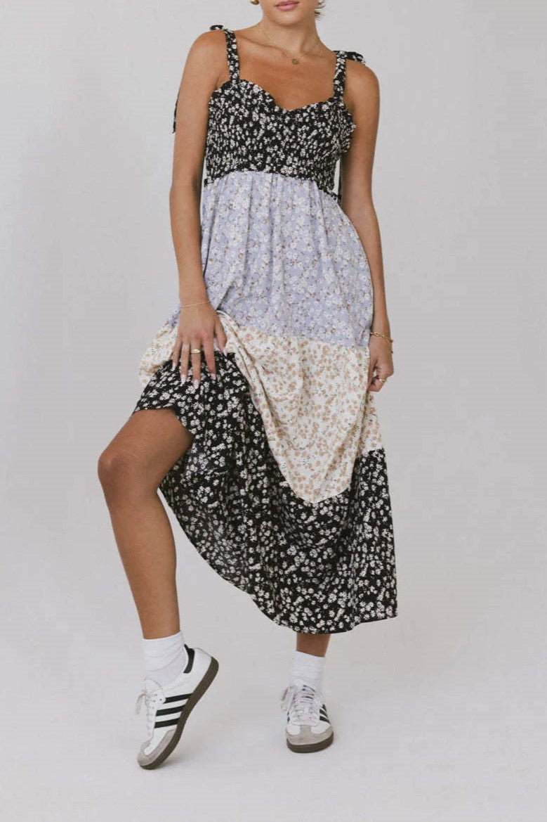 Tie Strap Tiered Floral Colorblock Maxi Dress - Floral