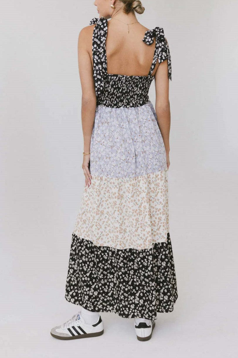 Tie Strap Tiered Floral Colorblock Maxi Dress - Floral - 1