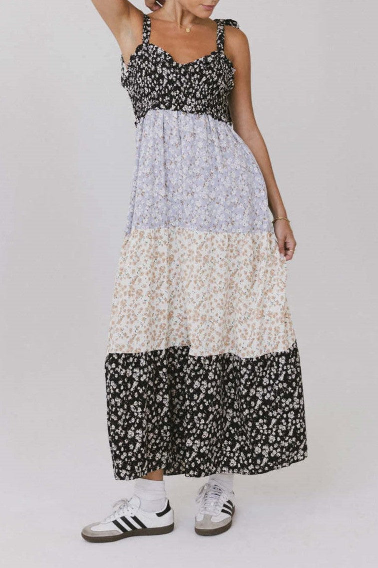 Tie Strap Tiered Floral Colorblock Maxi Dress - Floral - 2