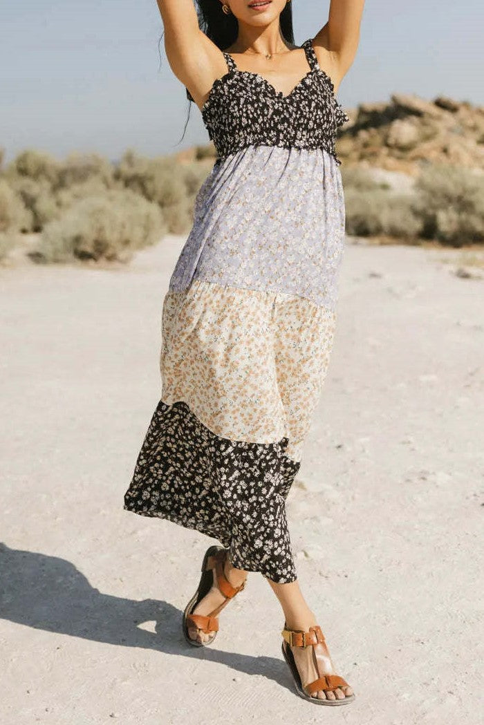 Tie Strap Tiered Floral Colorblock Maxi Dress - Floral - 3