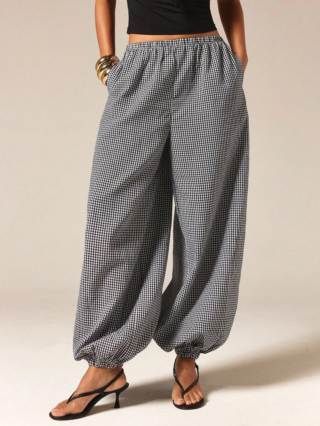 Micro Check Elastic Waist Balloon Pants with Pockets - Black