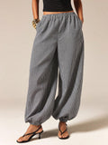 Micro Check Elastic Waist Balloon Pants with Pockets - Black