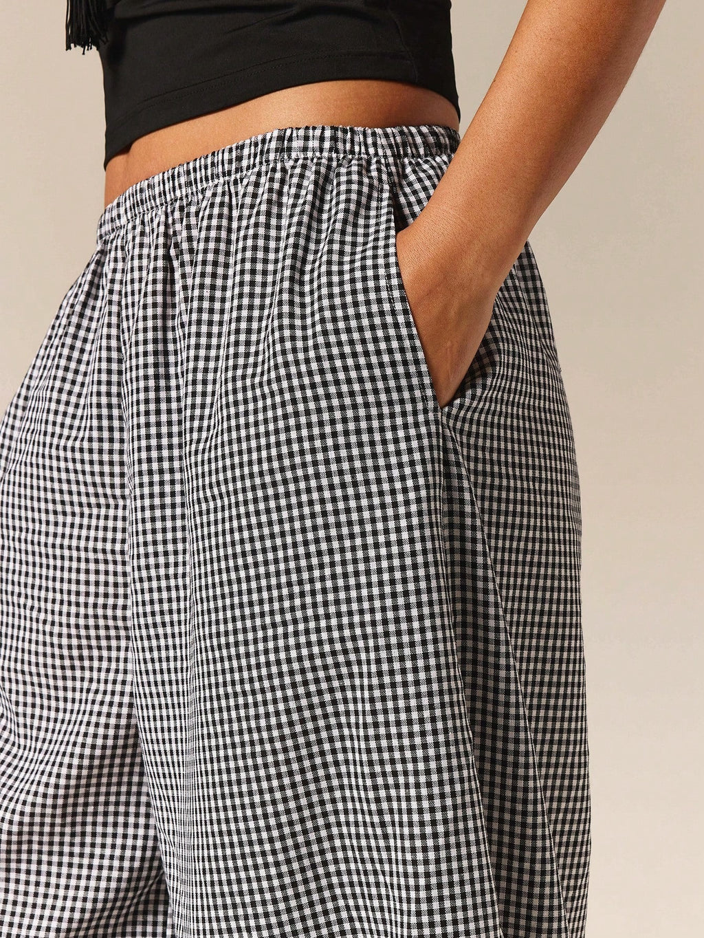 Micro Check Elastic Waist Balloon Pants with Pockets - Black - 1