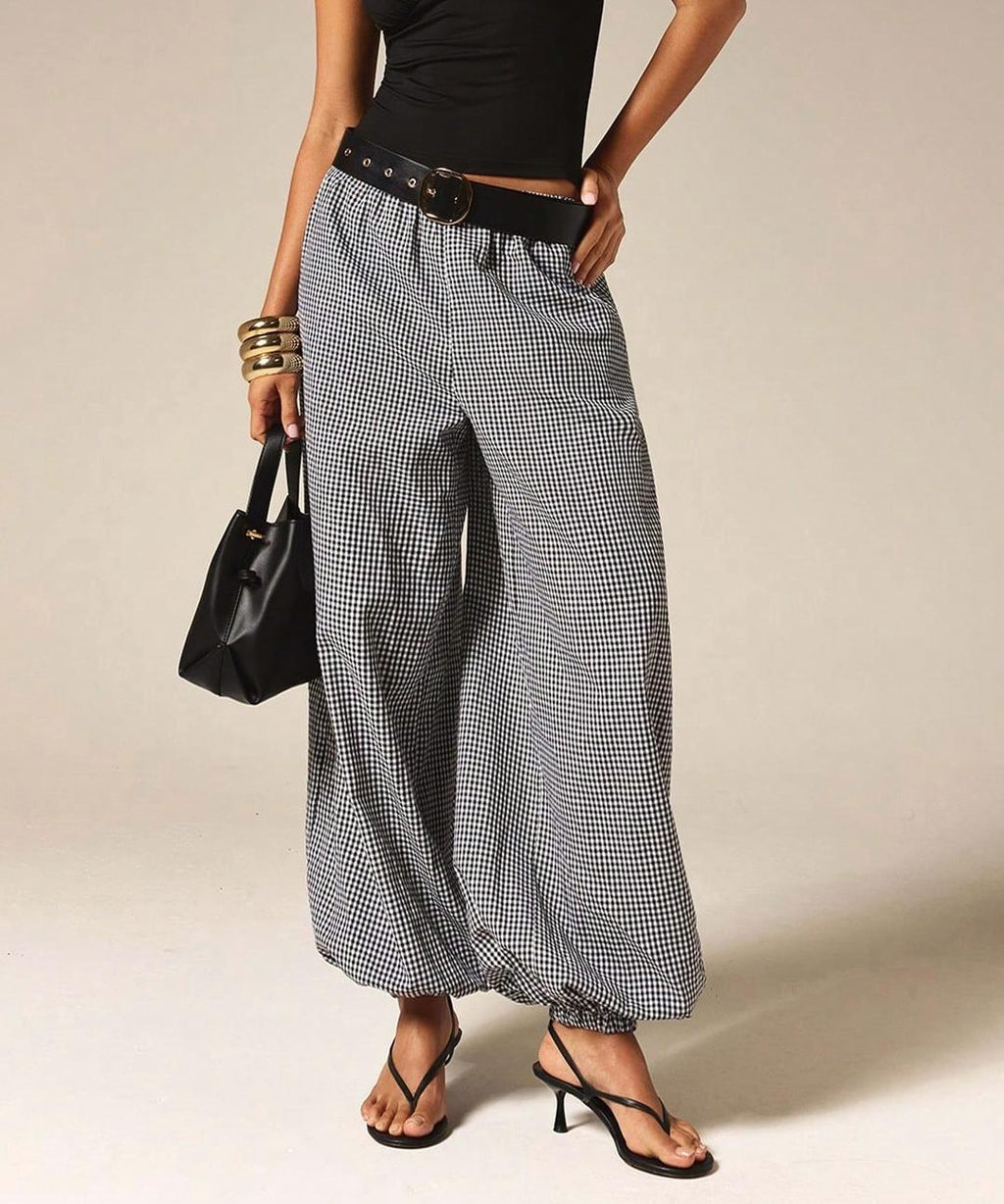 Micro Check Elastic Waist Balloon Pants with Pockets - Black - 2