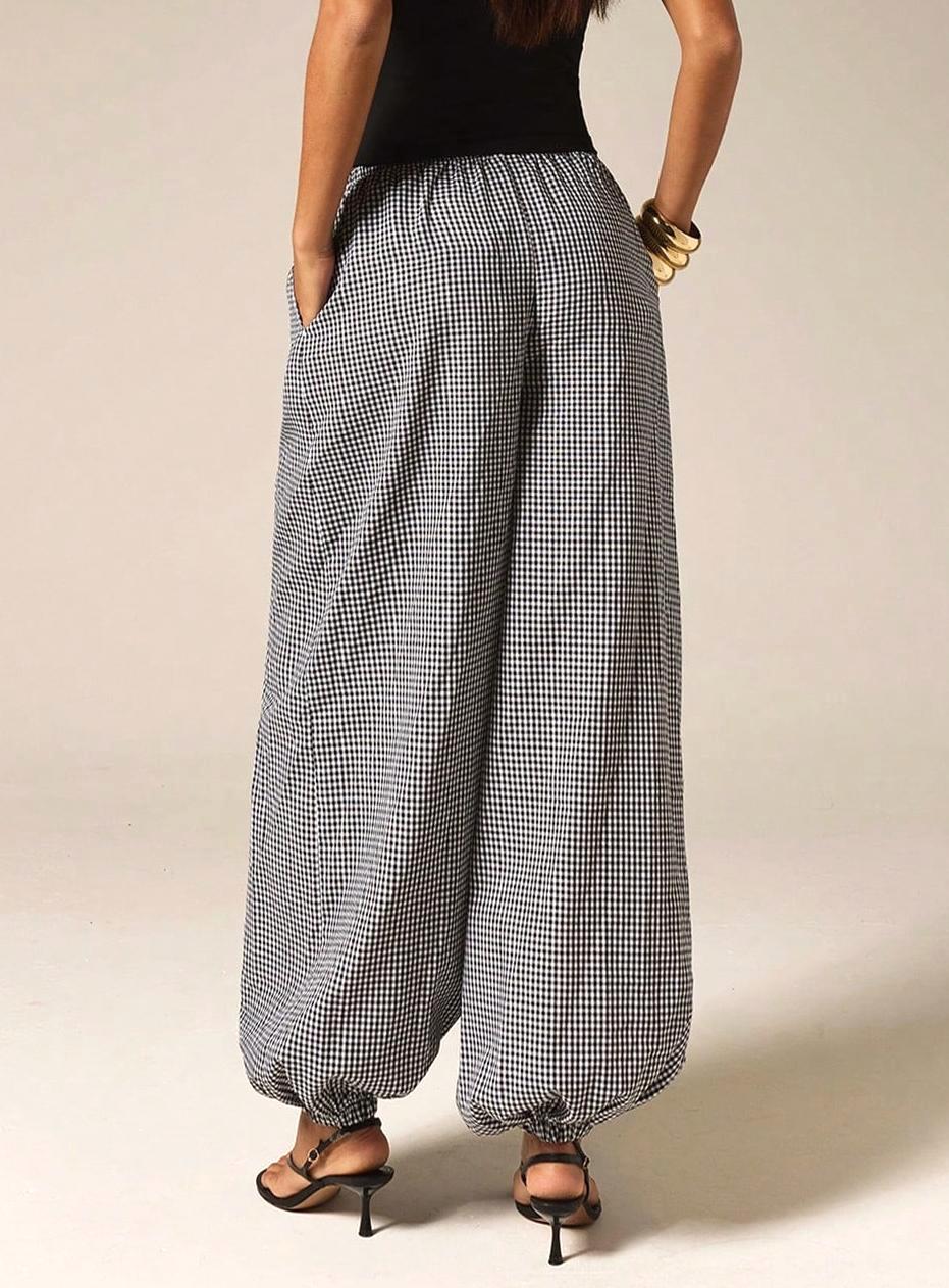 Micro Check Elastic Waist Balloon Pants with Pockets - Black - 3