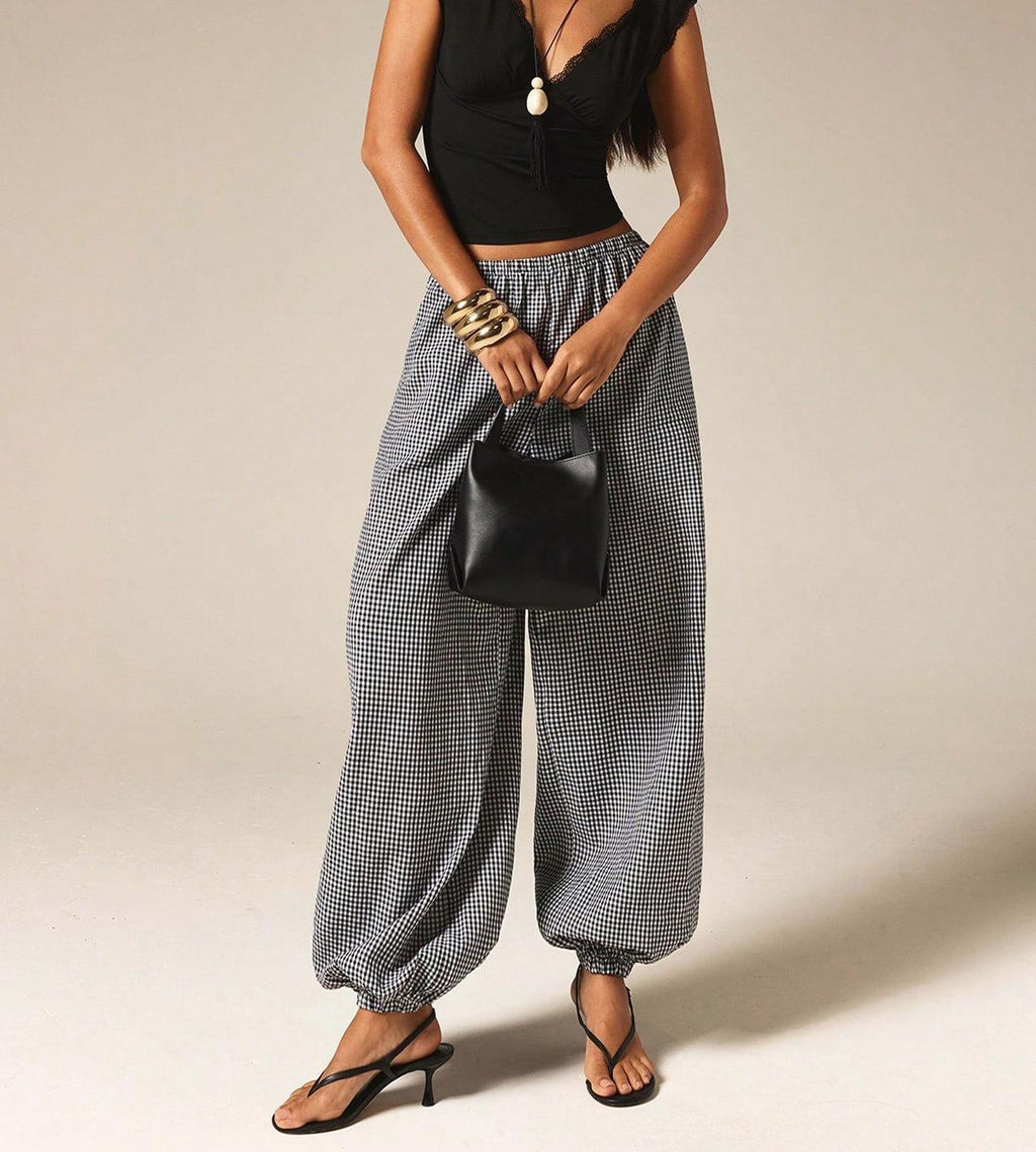 Micro Check Elastic Waist Balloon Pants with Pockets - Black - 4