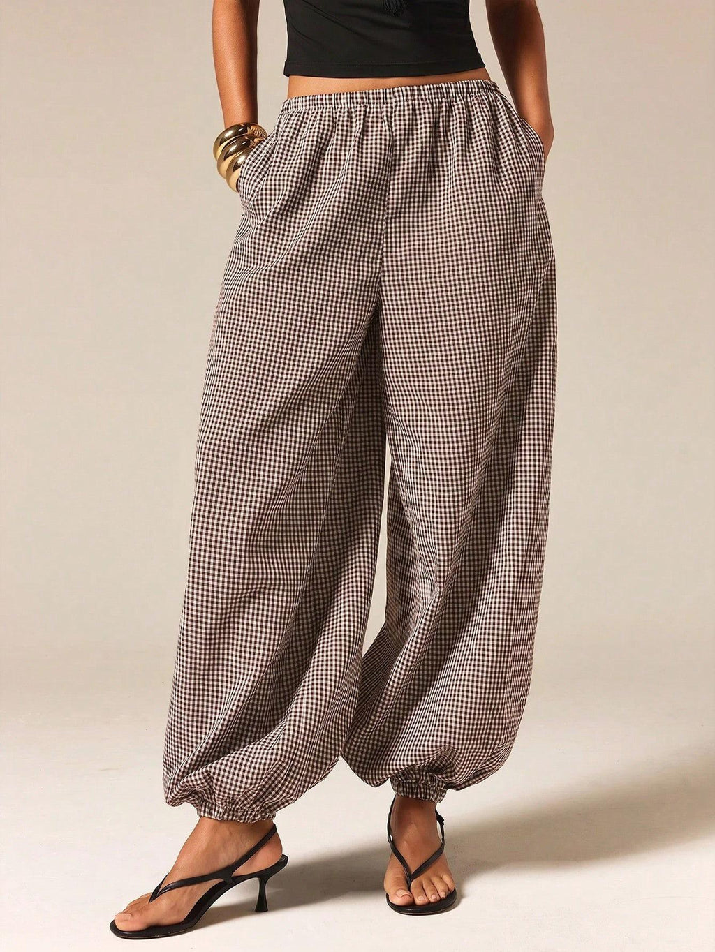 Micro Check Elastic Waist Balloon Pants with Pockets - Coffee