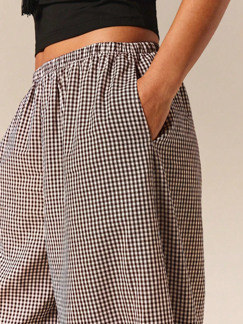 Micro Check Elastic Waist Balloon Pants with Pockets - Coffee - 1