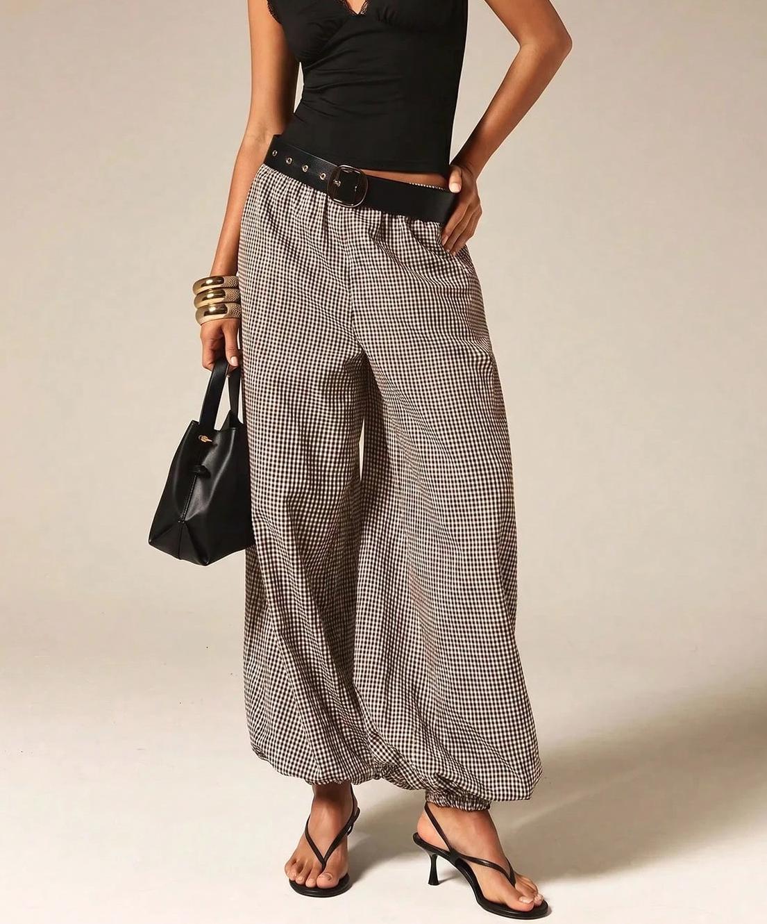 Micro Check Elastic Waist Balloon Pants with Pockets - Coffee - 2
