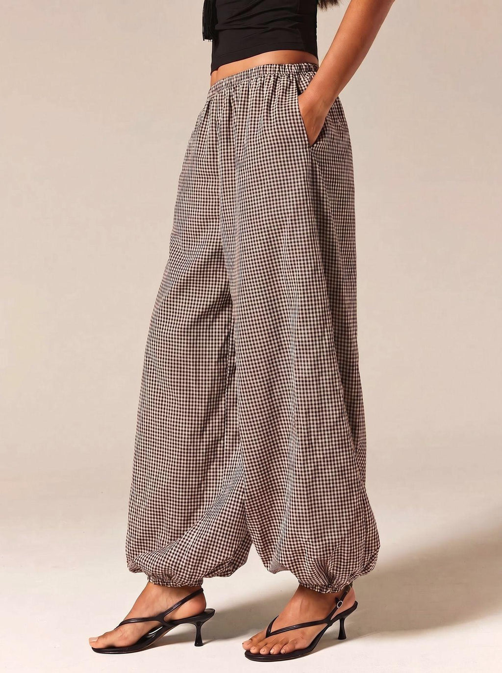 Micro Check Elastic Waist Balloon Pants with Pockets - Coffee - 3
