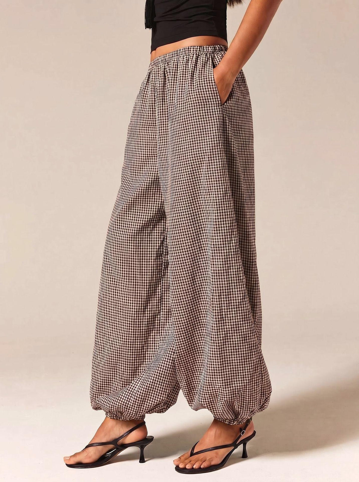 Micro Check Elastic Waist Balloon Pants with Pockets - Coffee - 3