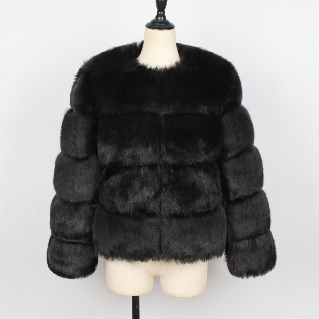 Cropped Tiered Faux Fur Coat - Black