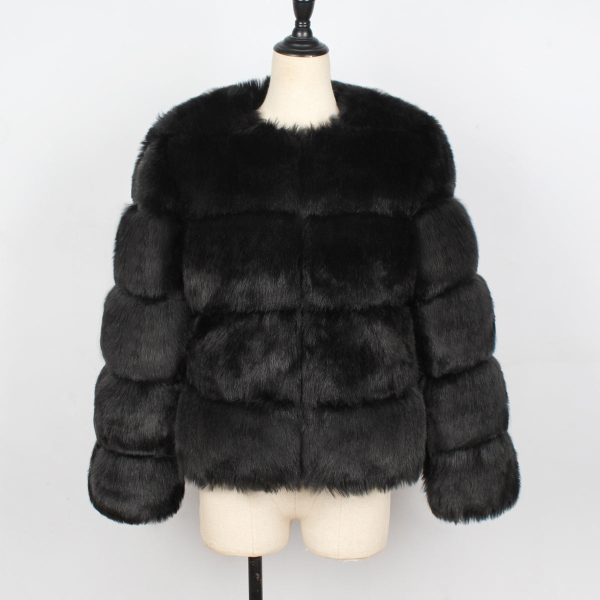 Cropped Tiered Faux Fur Coat - Black
