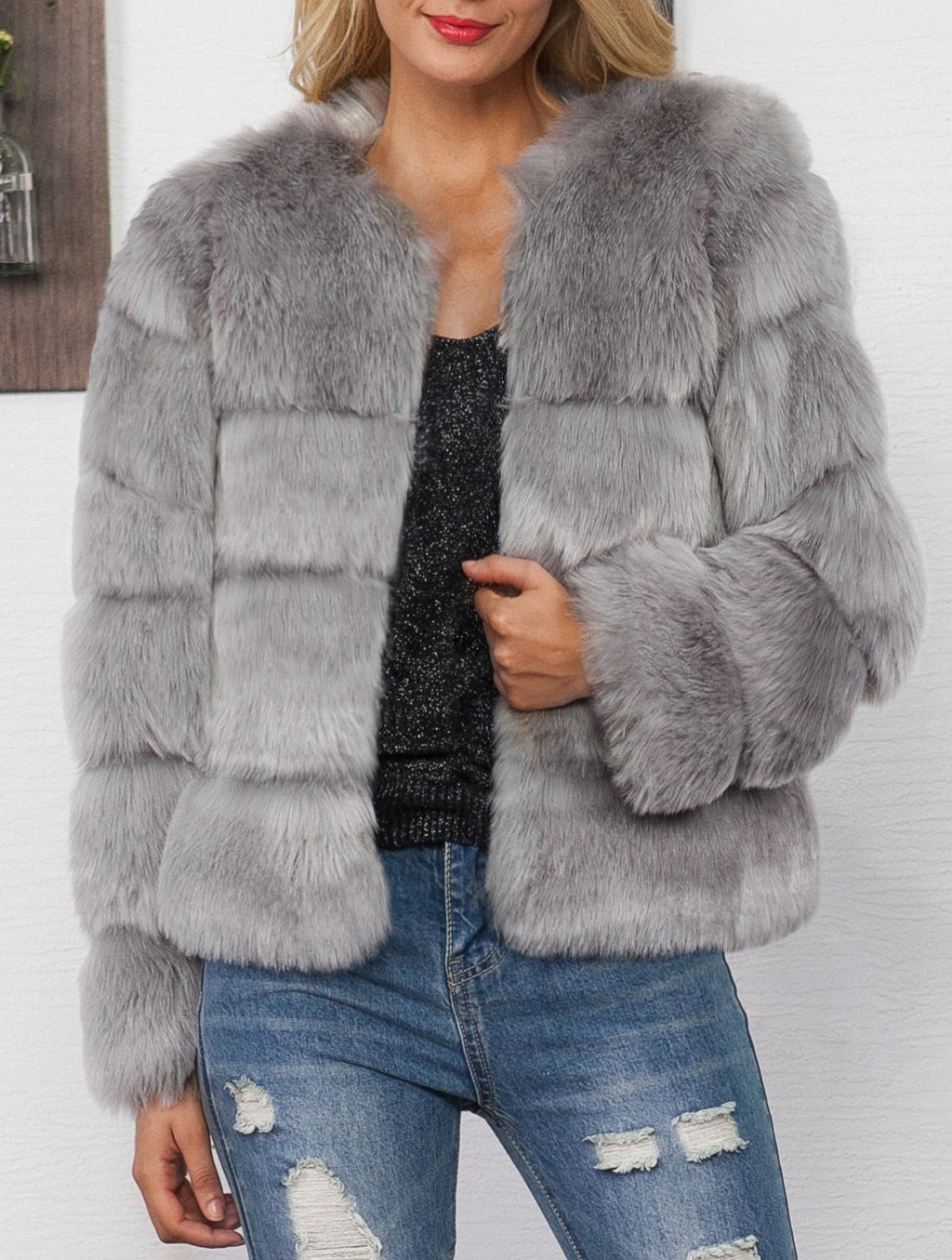 Cropped Tiered Faux Fur Coat - Grey