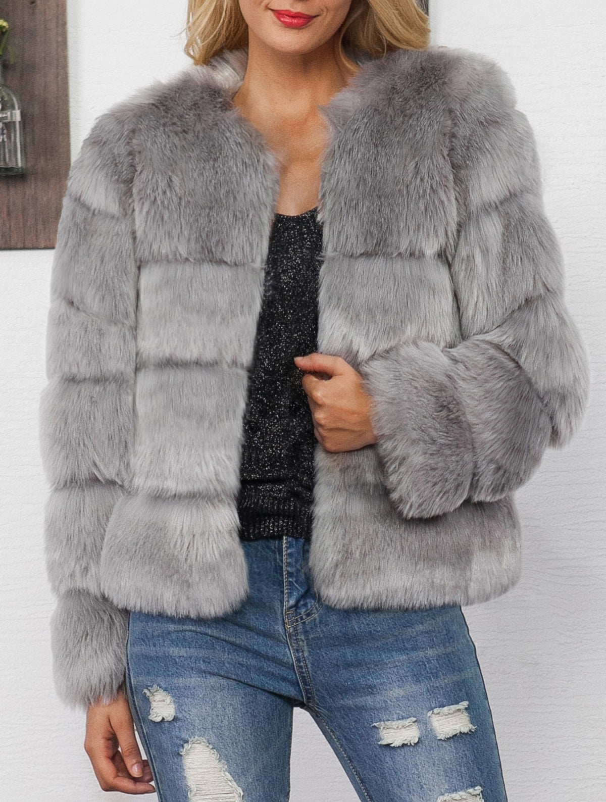 Cropped Tiered Faux Fur Coat - Grey