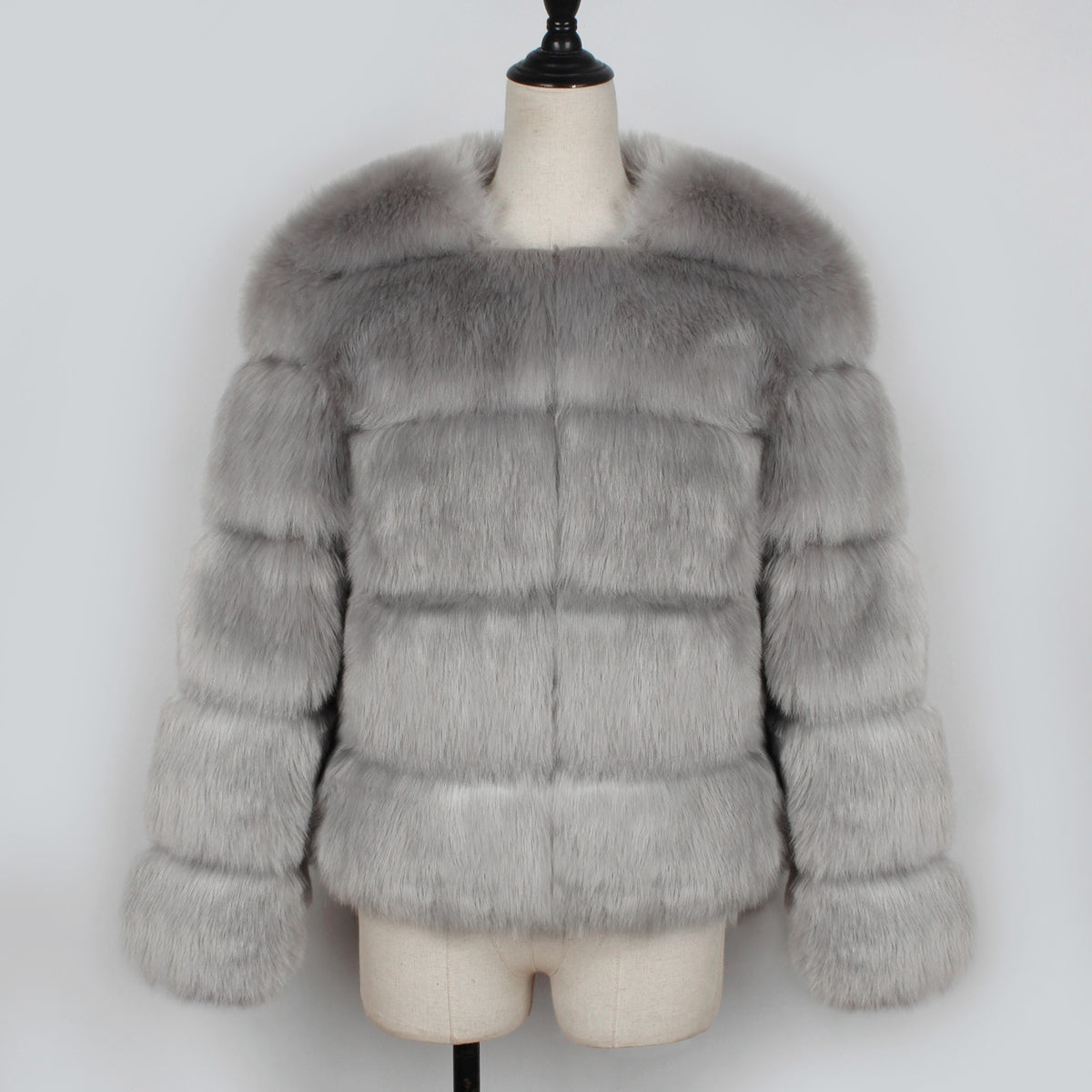 Cropped Tiered Faux Fur Coat - Grey - 1
