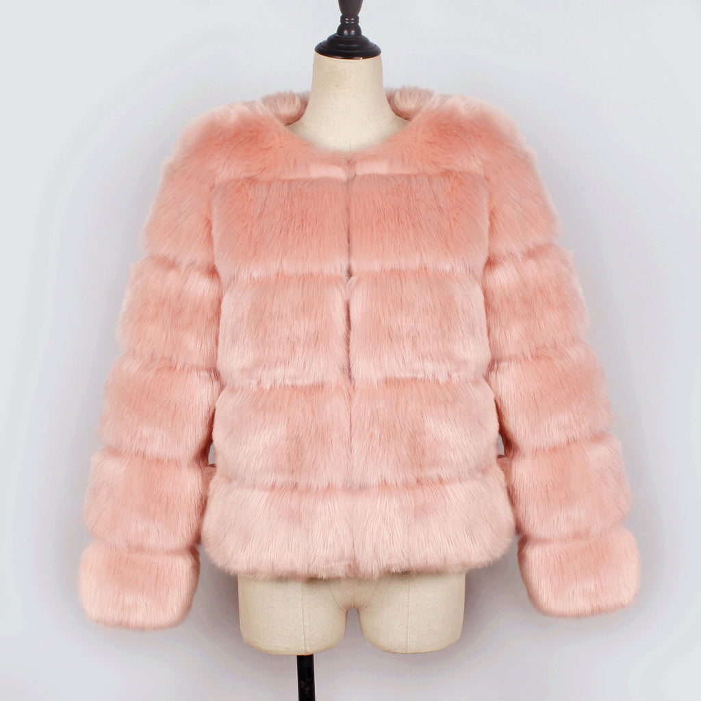 Cropped Tiered Faux Fur Coat - Pink