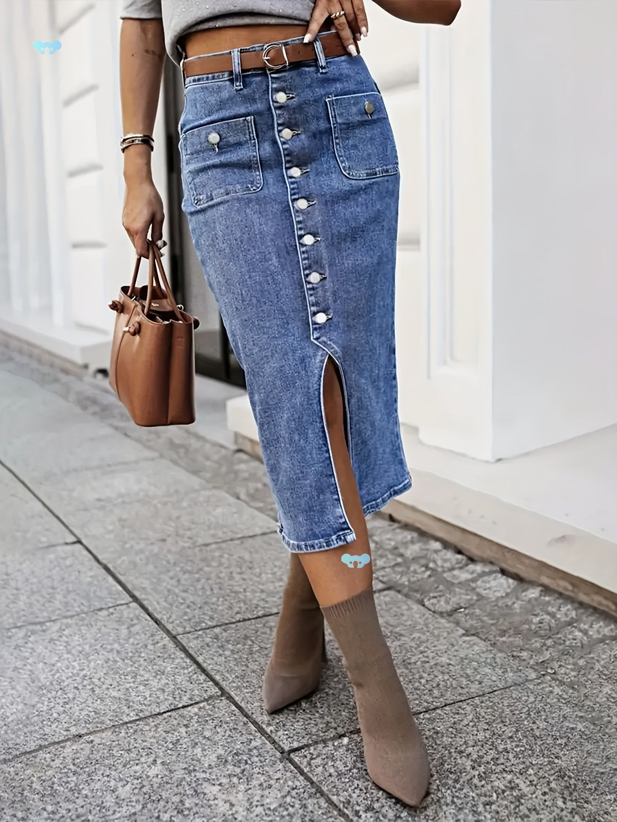 Button Front Slit Denim Pencil Skirt - Blue