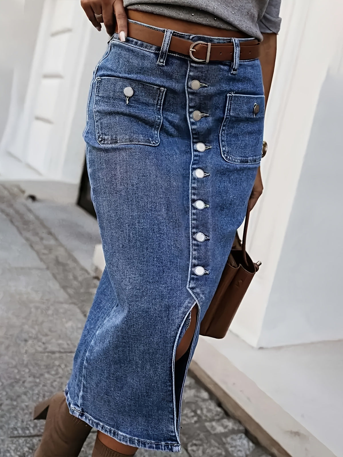 Button Front Slit Denim Pencil Skirt - Blue - 1