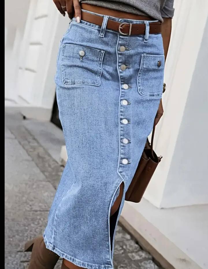 Button Front Slit Denim Pencil Skirt - LightBlue