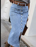 Button Front Slit Denim Pencil Skirt - LightBlue