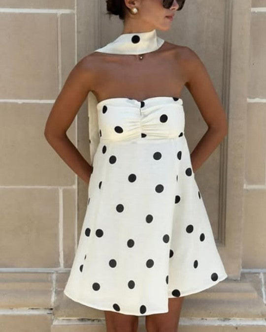Polka Dot Strapless Mini Dress With Scarf - White - 1