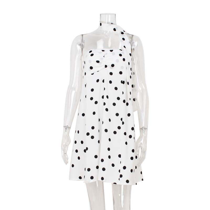 Polka Dot Strapless Mini Dress With Scarf - White - 2