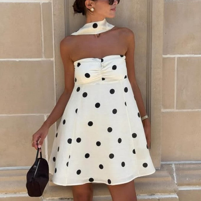 Polka Dot Strapless Mini Dress With Scarf - White - 8