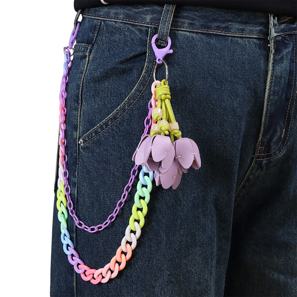 Y2K Leather Tulip Charm Chunky Link Jean Chain - Purple