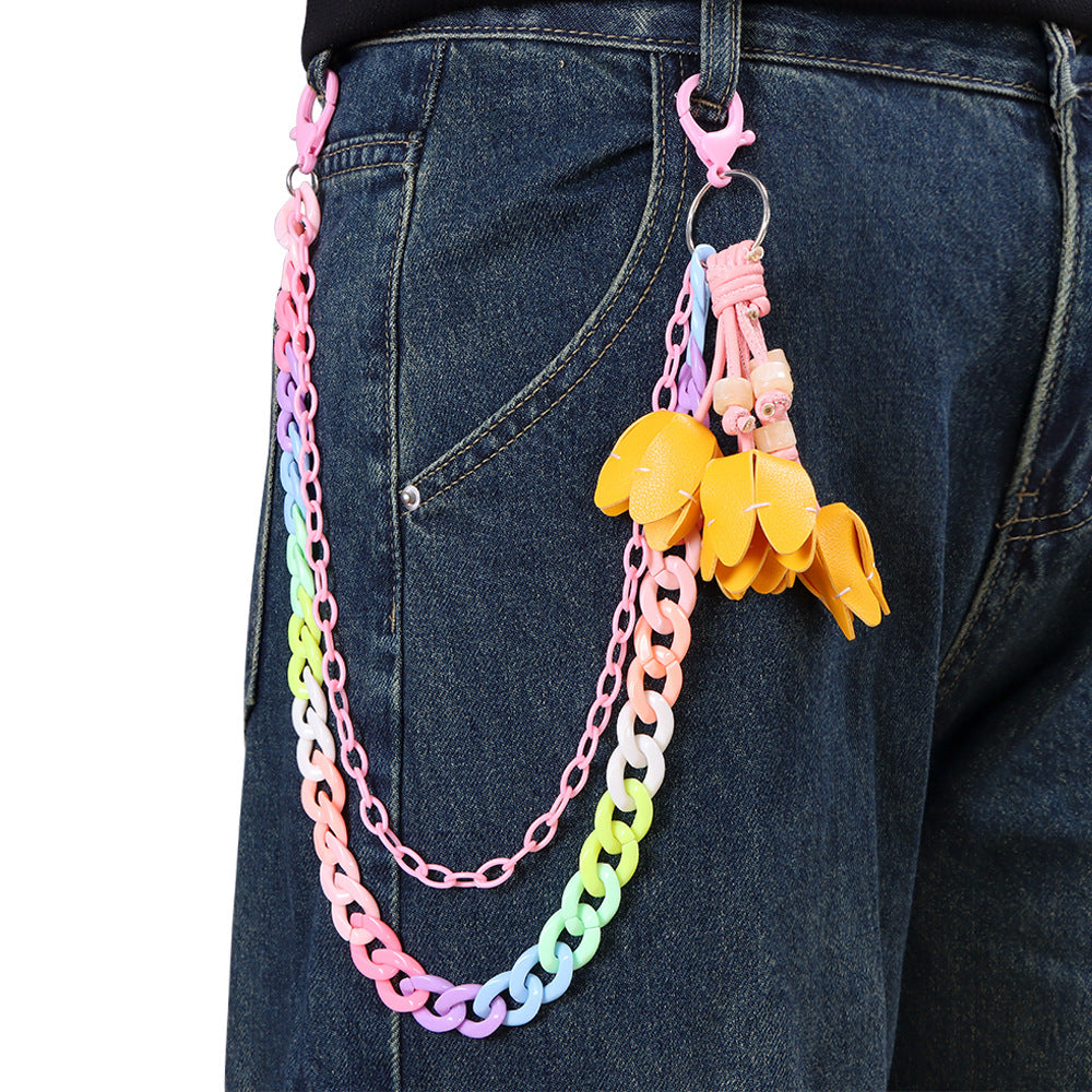 Y2K Leather Tulip Charm Chunky Link Jean Chain - Yellow