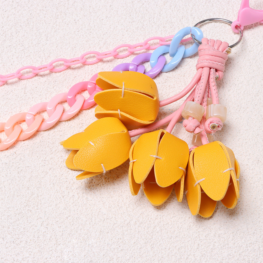Y2K Leather Tulip Charm Chunky Link Jean Chain - Yellow - 1