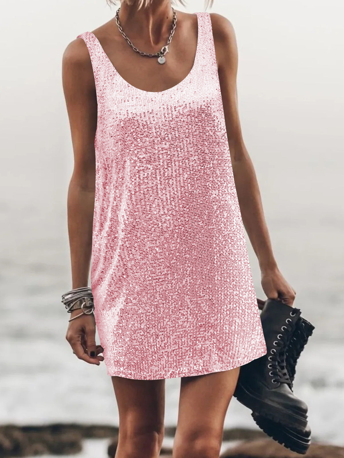 Sequin Scoop Neck Sleeveless Mini Dress - Pink - 2