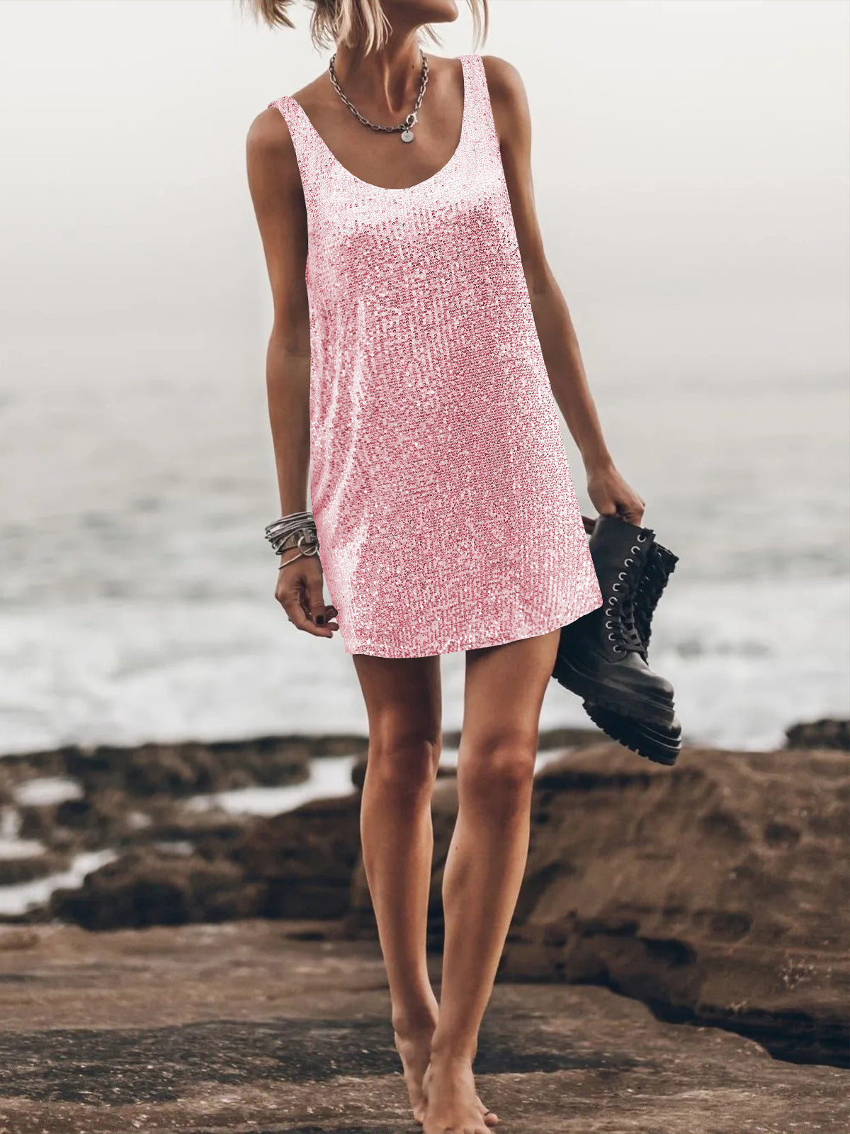 Sequin Scoop Neck Sleeveless Mini Dress - Pink - 4