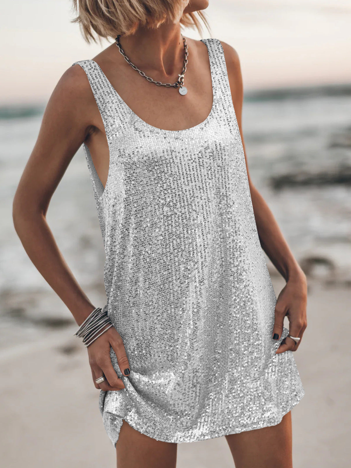Sequin Scoop Neck Sleeveless Mini Dress - Silver