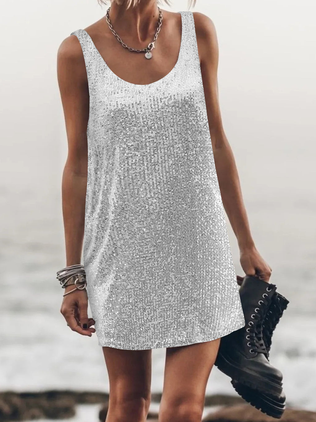 Sequin Scoop Neck Sleeveless Mini Dress - Silver - 2