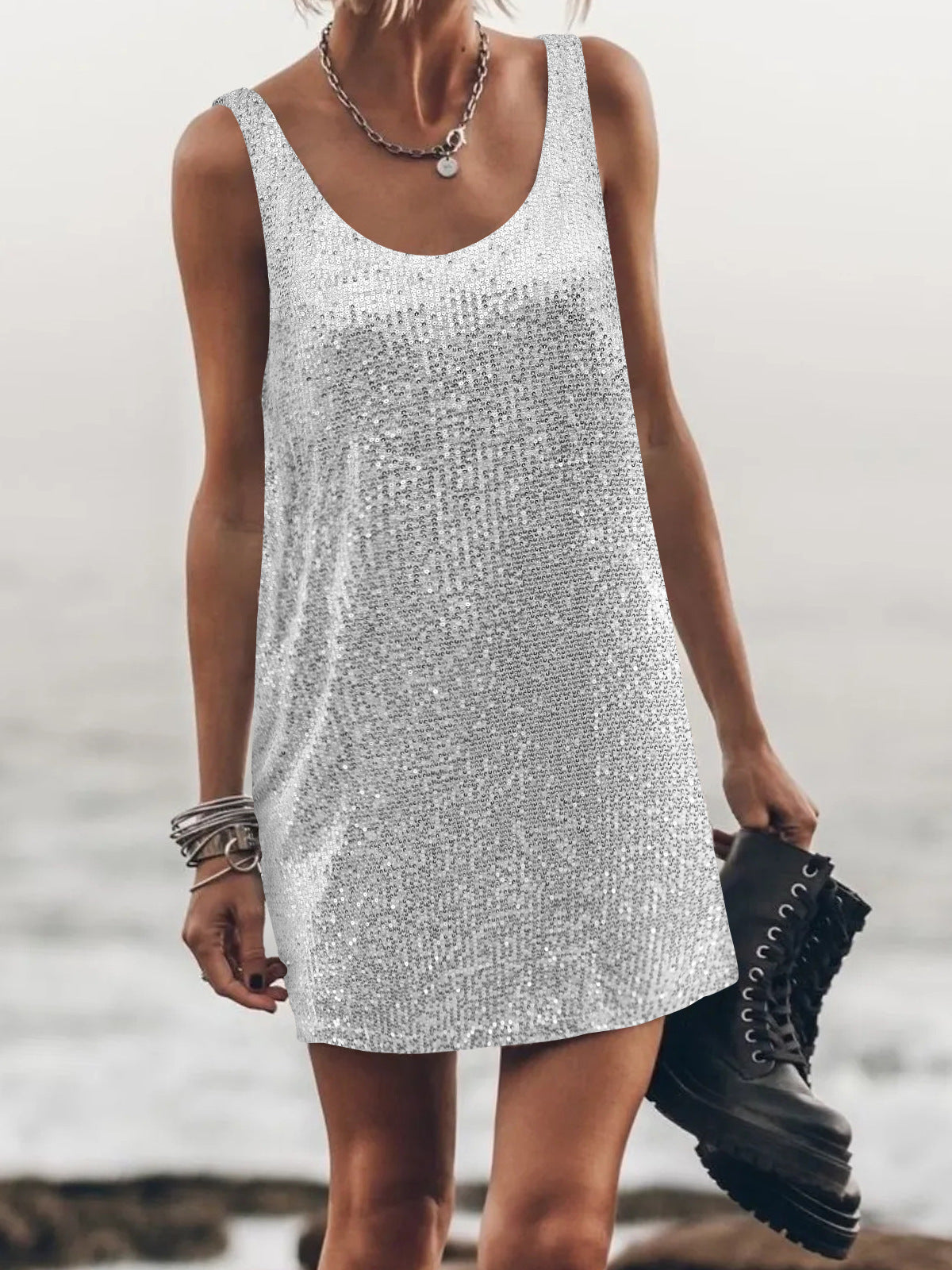 Sequin Scoop Neck Sleeveless Mini Dress - Silver - 2