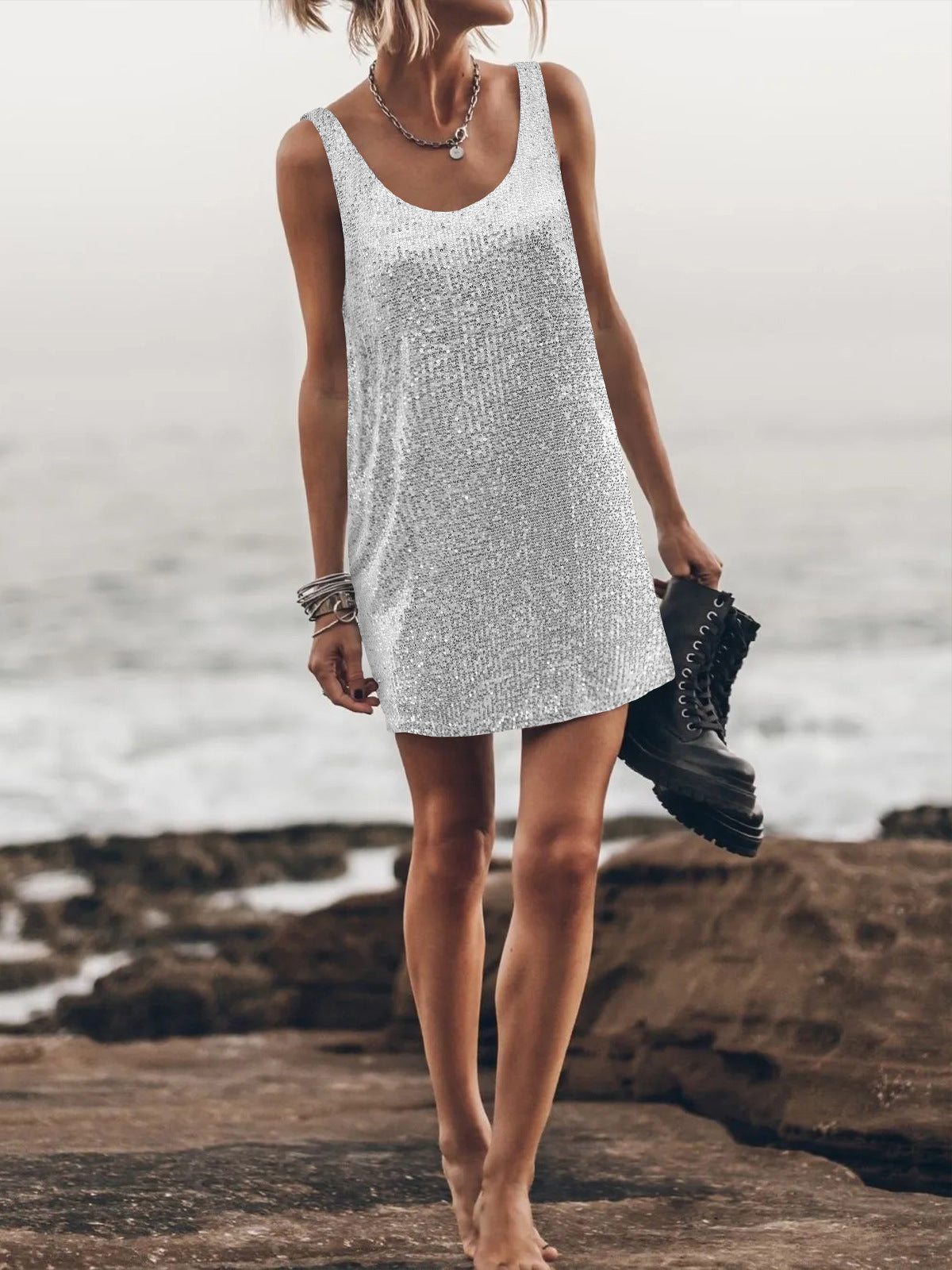 Sequin Scoop Neck Sleeveless Mini Dress - Silver - 4