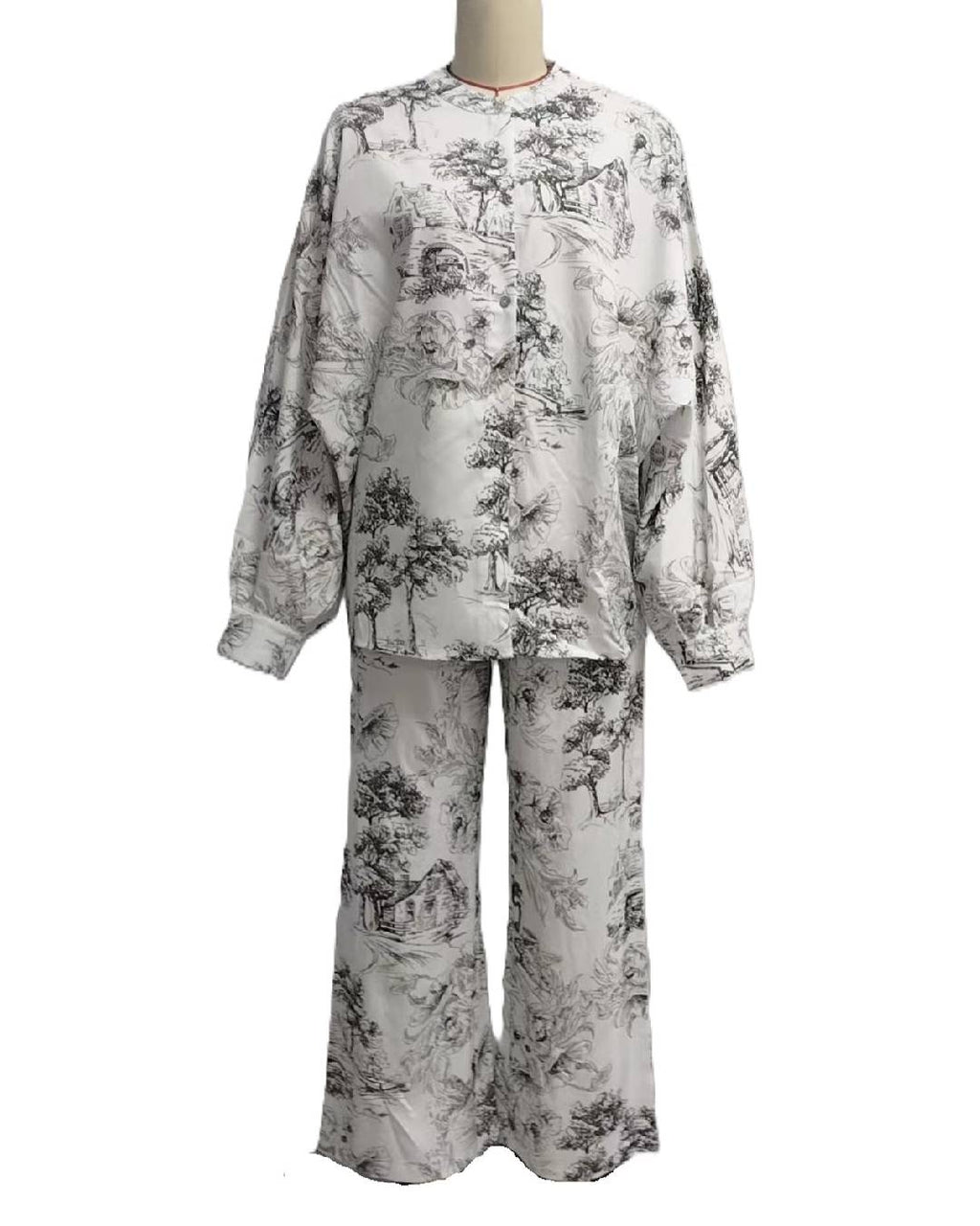 Toile Floral Shirt And Pants Lounge Set - DarkGray - 1